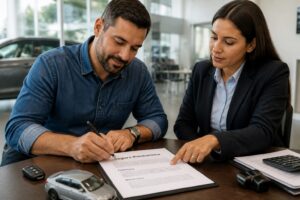 A man signs a vehicle financing contract while a female advisor points to a loan insurance section on the paperwork in a car dealership office.