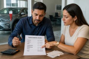 A man and a woman review a car ownership cost sheet with a calculator and receipts in a dealership finance office.
