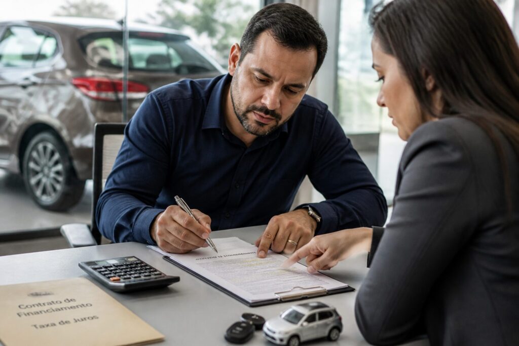 A man reviews a vehicle financing contract at a car dealership desk while a woman finance consultant points to a clause on the document.
