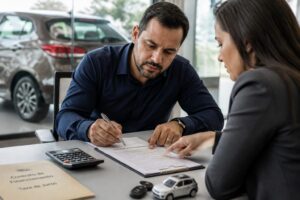 A man reviews a vehicle financing contract at a car dealership desk while a woman finance consultant points to a clause on the document.